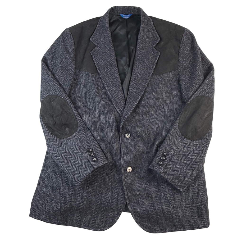 Pendleton Mens 46 Herringbone Wool Western Blazer Suede Yoke Elbow Patches USA